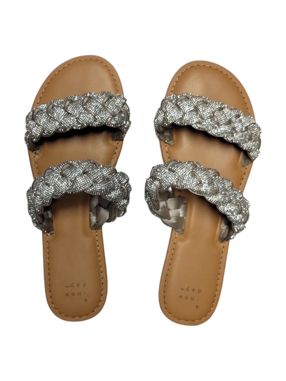 A New Day Women’s Silver And Rhinestone Braided Double-Strap Slide Sandals